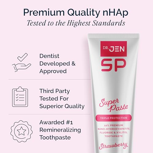 Image of Dr. Jen Super Paste Toothpaste with Fluoride + 10% Premium Nano Hydroxyapatite, Xylitol, Strawberry, SLS Free, Vegan, Dentist Designed, Essential Oils, Fresh Clean Feel, 1 Pack