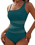 Blooming Jelly Women's Sexy One Piece Bathing Suits One Shoulder Swimsuits Slimming Mesh Swimwear(Medium,Teal Green)