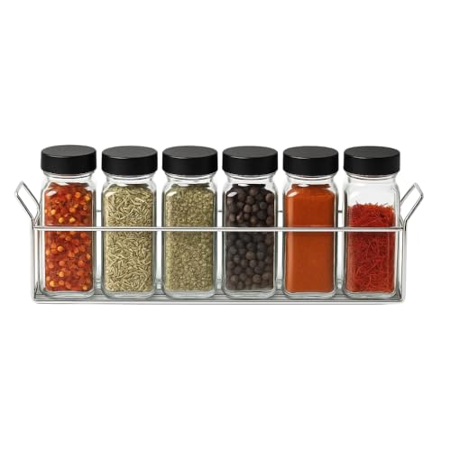 Porta Condimentos com Suporte e 6 Potes de Vidro – Organização Prática para Cozinha Moderna (Metálico)