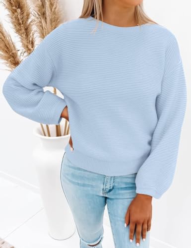 Image of ZESICA Women's Crew Neck Long Lantern Sleeve Fall 2026 Casual Loose Ribbed Knit Solid Soft Pullover Sweater Tops