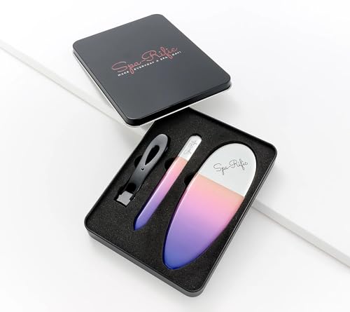 Spa-Rific 3pc Nano File and Ultra Wide Jaw Nail Clipper Set: Glass Nail Files with Large Nail Clipper and Metal Case Kit - Crystal Fingernail Manicure and Pedicure Tools - Yellow Indigo Ombre