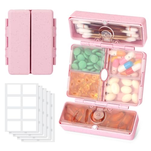 Zentiky Small Daily Pill Organizer with Labels Medicine Pill Organizer Fit with Your Purse or Pocket for Travel to Hold Vitamin Fish Oil Supplement Cotton Swabs Bandages or Jewelry-Pink