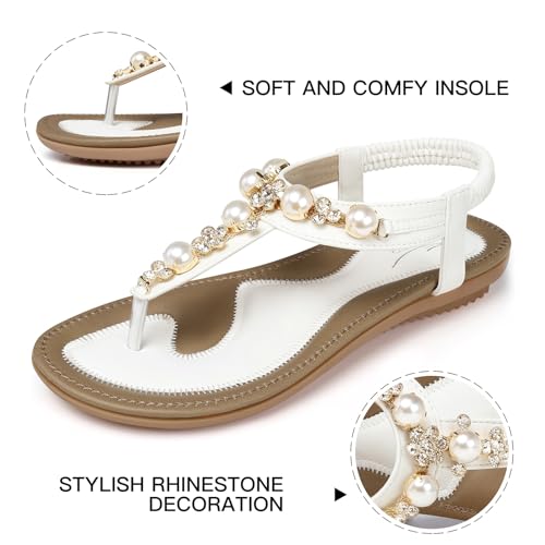 Image of SHIBEVER Flat Sandals for Women Dressy: White Size 8 Summer Comfort Dress Sandals - Comfortable Walking Dressy Slip on Thong Flats Womens Sandal