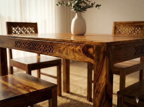 Image of RECTART Solid Wood Dining Table Set with Chairs for Living Room Home | Wooden Dining Room Sets Furniture for Hotels and Restaurants | (CNC-Top-N, 4 Seater)