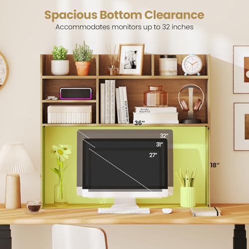 Image of Tangkula Desktop Bookshelf for Computer Up to 32 inch, 37 inch Countertop Storage Hutch with 6 Storage Shelves, 3-Tier Desktop Organizer Display Rack, Wooden Desk Hutch for Dorm Home Office (Natural)