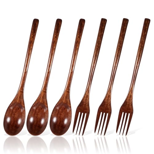 LIQWEI 6 Stück Holzbesteck Set, Hölzern Löffel Gabel Set Holzlöffel Holz Gabeln Lange Griff japanisch Stil Besteck Sets Für Camping Draussen Küche Kochen Abendessen Geschirr