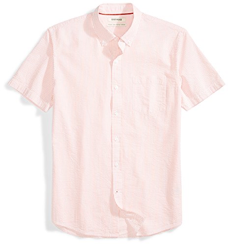 Goodthreads Men's Standard-Fit Short-Sleeve Seersucker Shirt, coral/white, Large