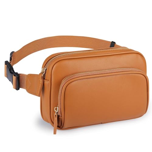 AIJCOR Fanny Packs for Women, Leather Fanny Pack Belt Bag for Women with Multi-Pockets Card Slots Adjustable Strap, Brown Fanny Pack Crossbody Fashion Waist Packs for Disney Running Travel or Everyday