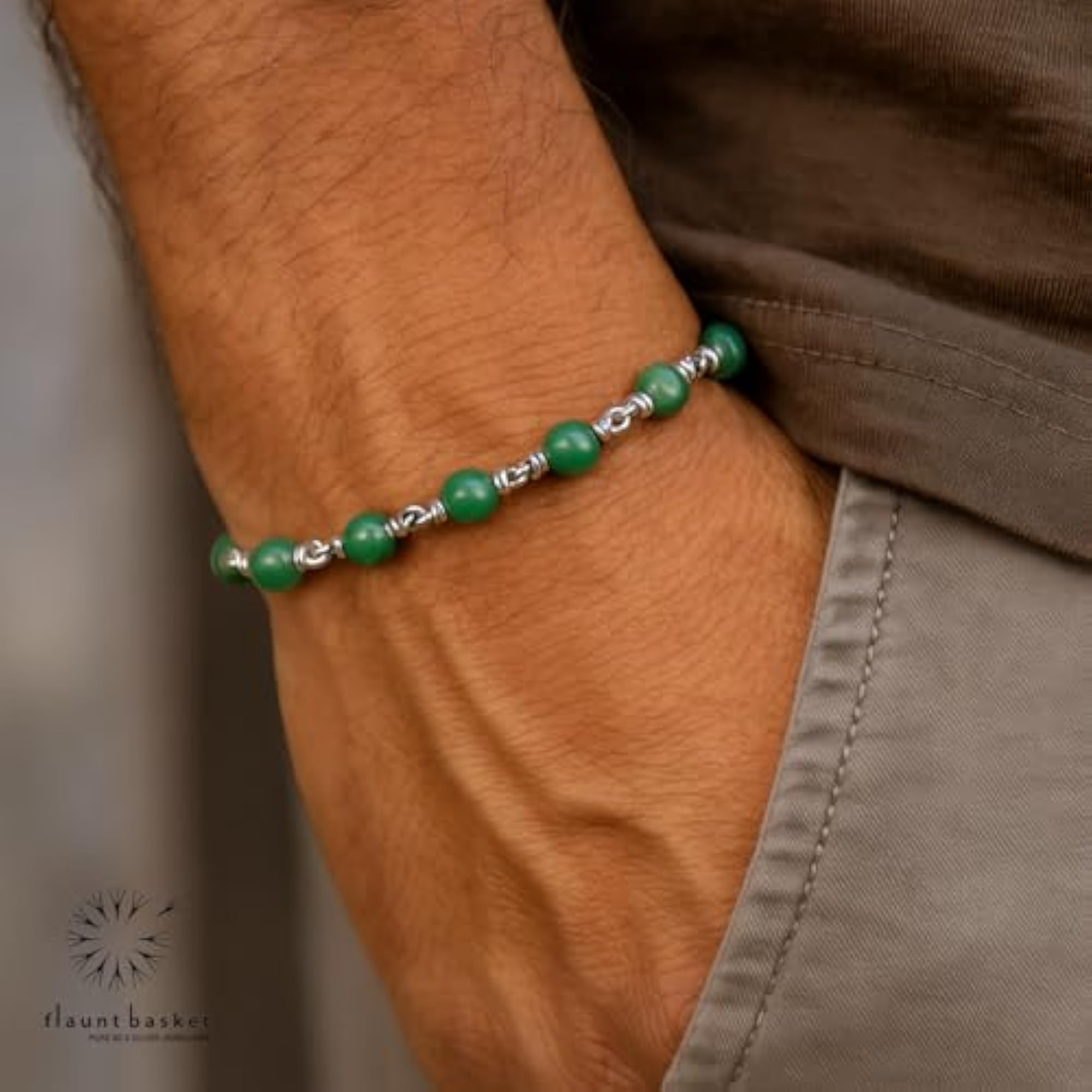 Unisex Green Jade Bracelet with Sterling Silver Style