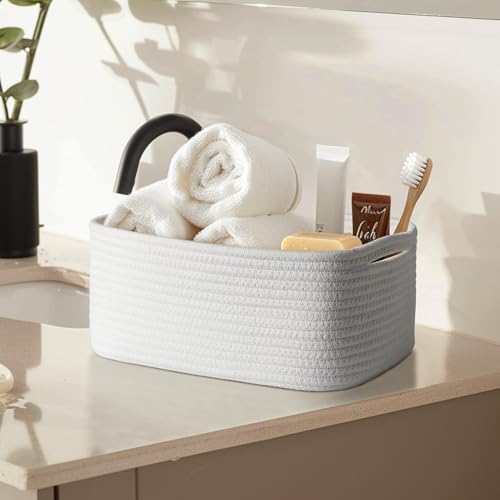 Image of MEGASKET Small White Baskets for Organizing, Woven Storage Baskets for Shelves, Cotton Rope Gift Bins Empty, Decorative Organizer Box, Wicker Towel Bathroom Storage, 13.8 inchx8.8 inchx5.5 inch