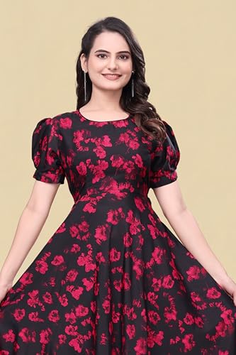 Image of Women's A-Line Crepe Maxi Dress | Stylish Fit and Flare Dress with Round Neck Short Puff Sleeves for Casual Wear
