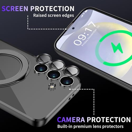Image of Magnetic Stand & Full Camera Lens Protector Case for Samsung Galaxy S24 FE [Compatible with MagSafe][Military Drop Protective]Not Yellowing Clear Slim Soft S24 FE Phone Case for Women Men,Black