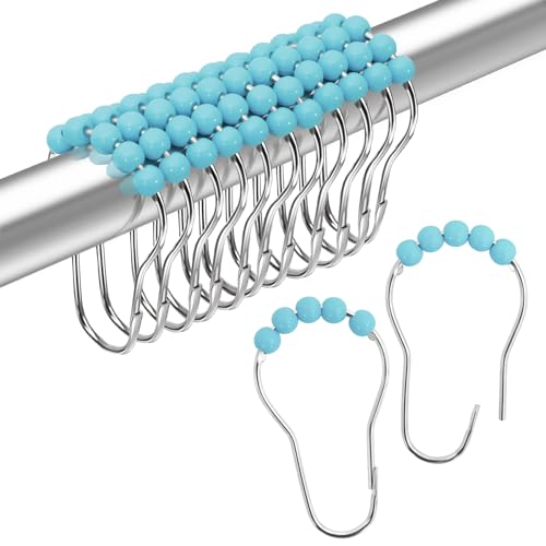 MitoVilla Teal Blue Shower Curtain Hooks, Rolling Balls Rust Proof Shower Curtain Rings for Turquoise Shower Curtain & Liner, Aqua Decorative Shower Hooks for Shower Rod, Stainless Steel, 12 PCS