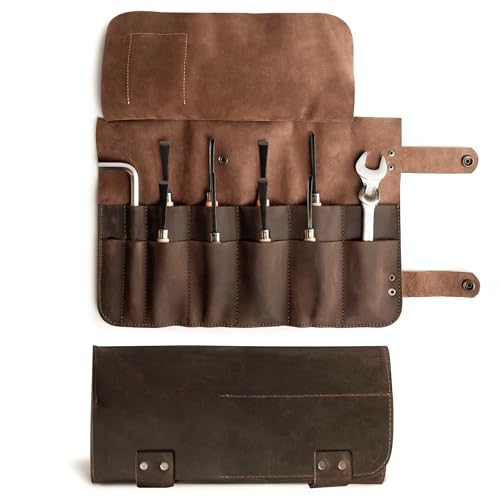 Hide & Drink, Leather Snap Tool Roll Up Bag (14 Slots), Portable Carry Case for Barbers, Salon Storage Organizer Pouch, Classic Vintage Style, Handmade (Bourbon Brown)