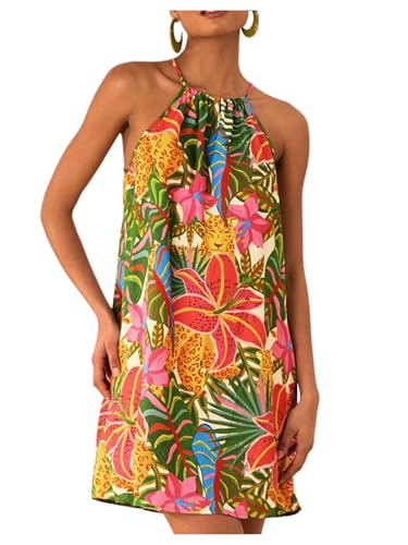 Image of SweatyRocks Women's Tropical Print Halter Dresses Sleeveless Holiday Summer Mini Dress