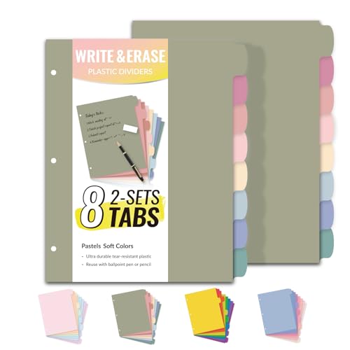 Sooez 8 Tabs Long-Lasting Plastic Write & Erase Large Tabs Dividers for 3 Ring Binder, Aesthetic Cute Pastels Binder Dividers for Student, Teacher, Office, Home Organizers, 2 Sets, Dusty Color