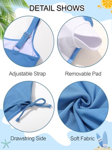 Image of Girls One Piece Swimsuits Ribbed Bathing Suit Teen Girls Adjustable Straps Drawstring Athletic Swimwear Swim Suit