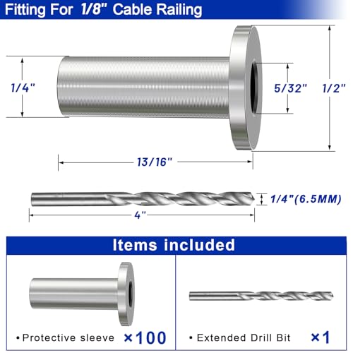 Steel DN Mate 100 Pack Stainless Steel Protector Sleeves for 1/8\" Wire Rope, Cable Railing Hardware for Deck/Cable Railing System, T316 Marine Grade, Cable Sleeves Come with a Drill Bit DE05