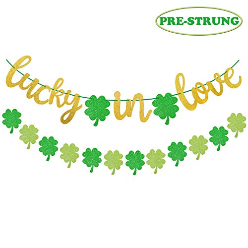 Yaaaaasss! St Patrick's Day Lucky in Love Banner Garland Glitter Green Four Leaf Clover Shamrock Garland for Irish Day Party Decorations Wedding Engagement Bridal Shower Bachelorette Party Supplies