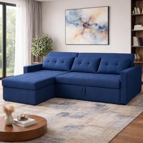 Image of Emilio 4 Seater LHS L - Shape Pull-Out Sofa Cum Bed Sofa for Living Room (Blue Fabric Color) Premium Fabric Sofa Set for Living Room Sofa Cum Bed