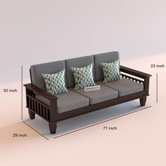 Image of Sheesham Wooden 3 Seater Sofa for Living Room | Rosewood 3 Seater Cushion Sofa with Side Newspaper Holder for Home & Office | Solid Wood Sofa Set for Lounge (Walnut Finish)