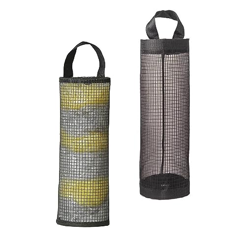 2Pcs Black Plastic Bag Holder Hanging Garbage Bag Mesh Storage Bag Wall Mount Holder Dispenser Foldable Mesh Hanging Storage Bag Dispenser Plastic Bag Dispenser for Home Kitchen Garbage Bag Storage