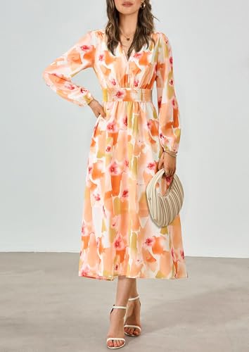 PRETTYGARDEN Women's Floral Midi Dress Casual Fall V Neck Long Sleeve Flowy Spring Beach Wedding Guest Vacation Dresses