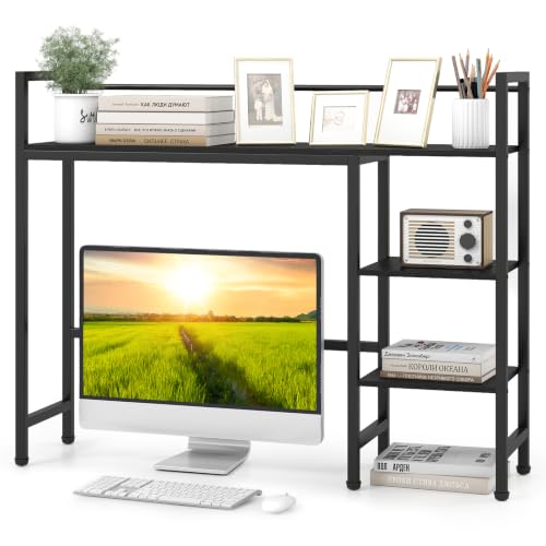 Image of Tangkula 4-Tier Desktop Bookshelf, 38.5 inch Dorm Desk Hutch, Black | Tabletop Hutch for Computer Monitor, 4 Open Storage Shelves, Anti-tip Device, Desktop Display Shelves for Home Office