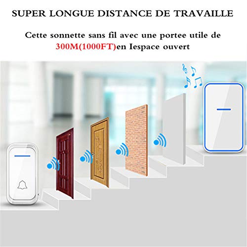 Timbre inalámbrico con timbre inalámbrico impermeable, alcance de 300 m, 2 botones, 6 receptores, 38 tonos de llamada, indicador LED, 4 niveles de volumen