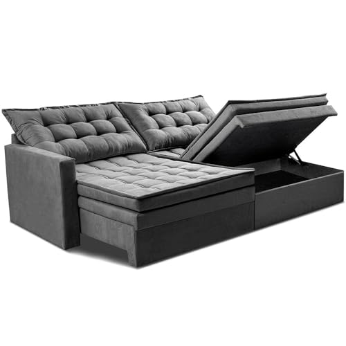 Sofá Sem Caixa Retrátil Baú 1,80m Cama Inbox Secret Suede Velusoft Cinza