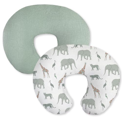 Image of Little Grape Land Muslin Nursing Pillow Covers 2 Pack, 100% Cotton Removable Breastfeeding Pillow Covers, Feeding Pillow Slipcovers for Baby Boys & Girls, (Safari & Green)