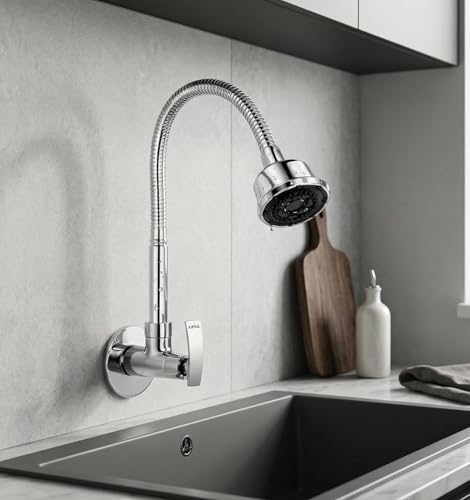 Image of KAMAL Sink Spray Tab Vista - Wall Mounted | SS 304 Spout 360 Degree Dual Flow Shower Mode | Passion Flex Sink Cock Flexible Sink Cock Pillar Cock Shower Type Bib Tap Faucet (Wall Mount Installation)