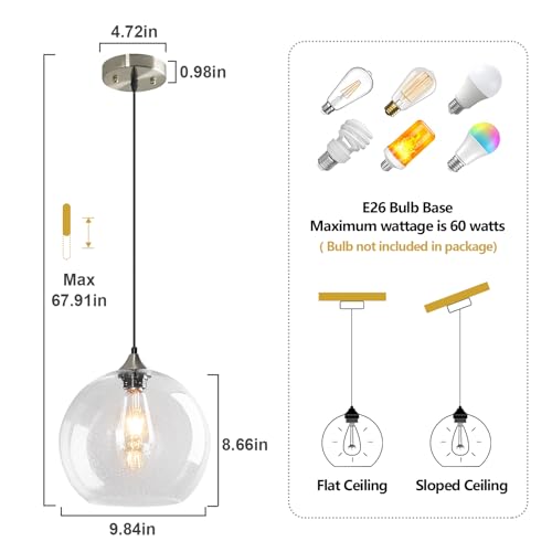 Image of Clear Glass Pendant Lights Kitchen Island Lighting Globe Pendant Light Fixtures Modern Pendant Lighting for Kitchen Island Bedroom Living Dining Room Light Fixture(9.84in, 3-Pack)