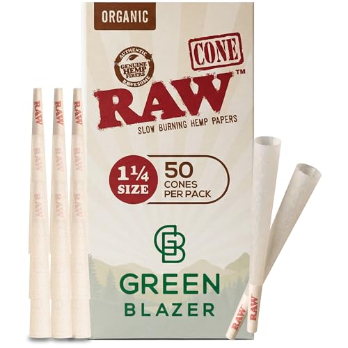 RAW Cones Organic 1-1/4 Size: 50 Pack - Patented Slow Burning Pre Rolled Rolling Papers with Tips Organic Raw Paper 84mm