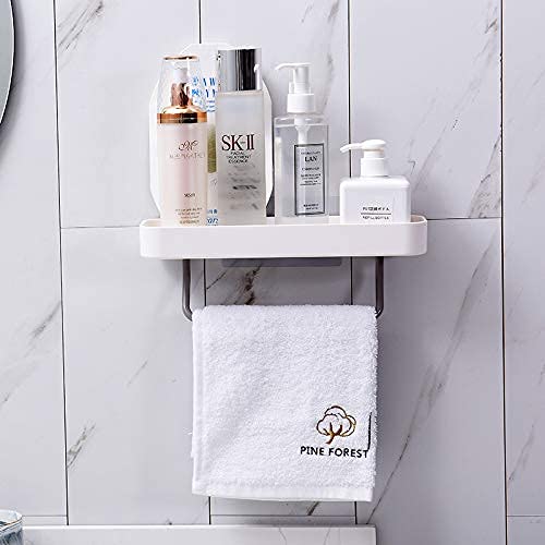 MOULDEX Premium Adhesive Bathroom Shelf Storage Rack with Towel Rack Hanger Organizer Wall Mount No Drilling Self Adhesive Shower Shelf Kitchen Storage Basket Rack Shelves Shower Caddy