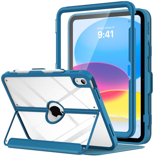 MoKo for iPad 11-inch (A16) 11th Generation Case 2025/ iPad 10th Generation Case with Pencil Holder 2022 10.9 inch, Built-in Screen Protector Clear Back, Multi Angle Viewing Stand, Peacock Blue