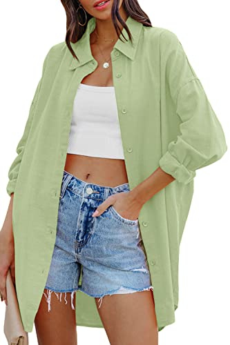 Image of FSHAOES Womens Oversized Button Down Shirts Casual Loose Long Sleeve Solid Lapel Long Blouses Tops with Pockets