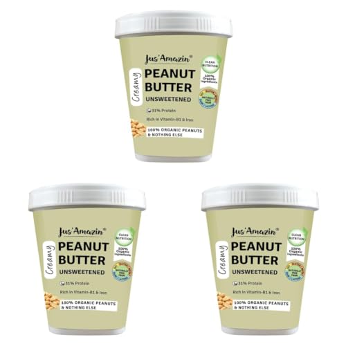 Image of Jus' Amazin Creamy Organic Peanut Butter - Unsweetened (1Kg Tub) | 31% Protein | Single Ingredient - 100% Organic Peanuts (no added Sugar /Salt) | Dairy Free | Keto | Clean Nutrition (Pack of 3)