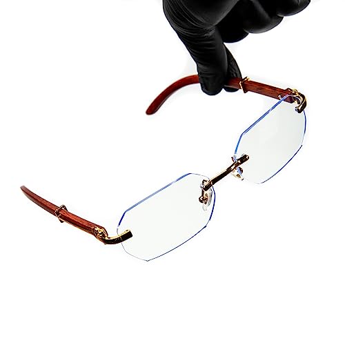 Street Knitted Mens Women's Gold Frame Luxury Classic Geometric Clear Lens Wood Arm Blue Light Glasses Rimless Trendy Retro 90's Unisex Hip Hop Fashion Woodgrain Non Prescription Eye Glasses3