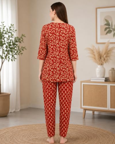 Image of Women's Cotton Night Suit Set, Printed Top and Pyjama, Casual Loungewear Sleepwear for Womens Girls