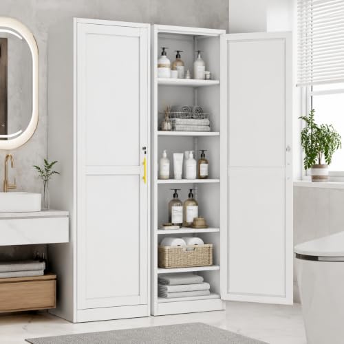 Image of Metal Locker Storage Cabinet Tall Narrow Storage Cabinets with 3 Adjustable Shelves and for Home Office, Living Room, Dining Room (White 1 Door)