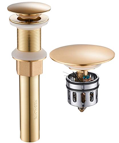 Image of REGALMIX Brushed Brass Pop Up Sink Drain Without Overflow, Bathroom Faucet Vessel Sink Drain Stopper,Anti-Explosion and Anti-Clogging Drain Strainer, RWF082L