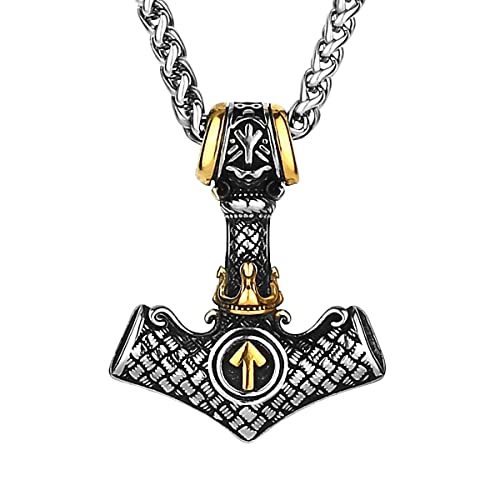 RobertDTesta Ciondolo in Acciaio Al Titanio Con Martello Di Thor Vichingo, Collana Con Ciondolo A Forma Di Runa Triangolare Odin Da Uomo Nordico,D'oro,50CM