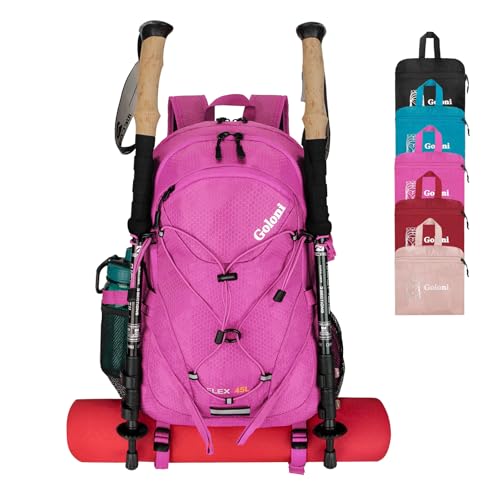 Goloni 45L Hiking Backpack Lightweight Foldable, Waterproof Camping Backpack with Rain Cover & Hiking Pole Mat Carrying System, Ergonomic Water Resistant Daypack for Trekking Travel Men Women Rose