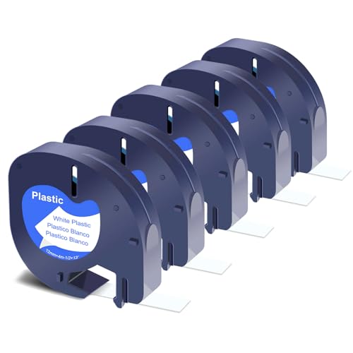 5 x compatible con Dymo LetraTag Cinta 12 mm x 4 m, compatible con Dymo LetraTag de plástico Etiquetas 91201 91221 para LT-100H LT-100T XR 2000 200B, negro sobre blanco