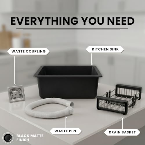 Image of Gloxy Premium Quartz Granite Single Bowl Kitchen Sink 24x18x9 Inches - Black Matte FInish Quartz Sink For Kitchen With Coupling Hose Pipe and Drainer Basket - Undermount /Topmount - 3 Years Warranty
