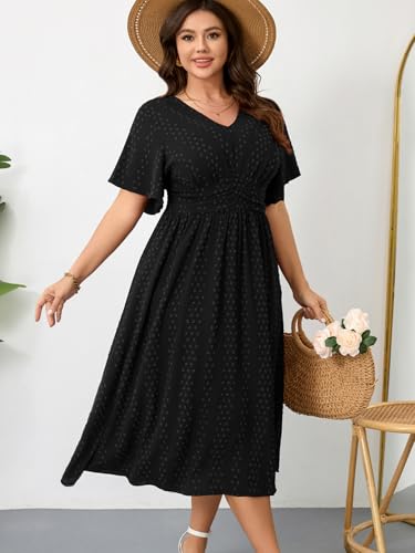 Image of RWJ Women's Plus Size Maxi Dress V Neck Short Sleeve Swiss Dot A Line High Waist Boho Swing Casual Summer Dresses
