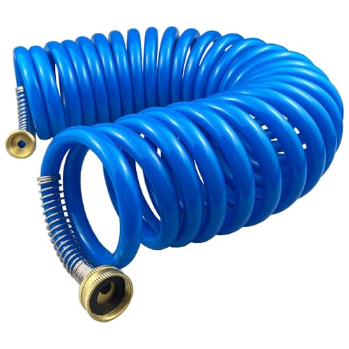 Darnassus Heavy-duty PU Coil Hose, Self-Coiling Garden Hose with Solid Brass Fittings, Retractable, Corrosion Resistant, for Household (25 FT, Blue)