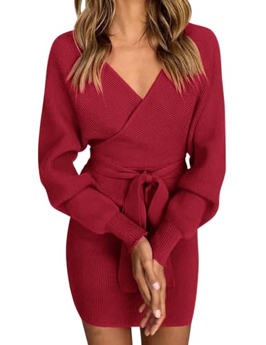 Vancavoo Strickkleid Damen Pulloverkleid V-Ausschnitt Elegant Langarm Pullover Winterkleid Strickpullover Kleid Bodycon Minikleid Sexy Rückenfrei...