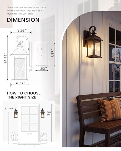 Image of FEMILA Dusk to Dawn Outdoor Wall Sconces, 15 inch ORB Front Porch Light Fixtures Wall Mount, Exterior Light for Patio, Entryway, Garden, Water Ripple Glass, UL Listed, 4FD54B-PC ORB-WP